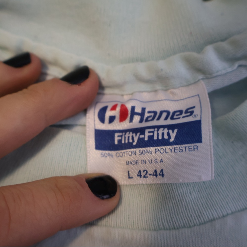 VTG 80s Hanes Fifty Fifty Shirt Sz L teal Made in USA Single Stitch T-shirt - Picture 5 of 7